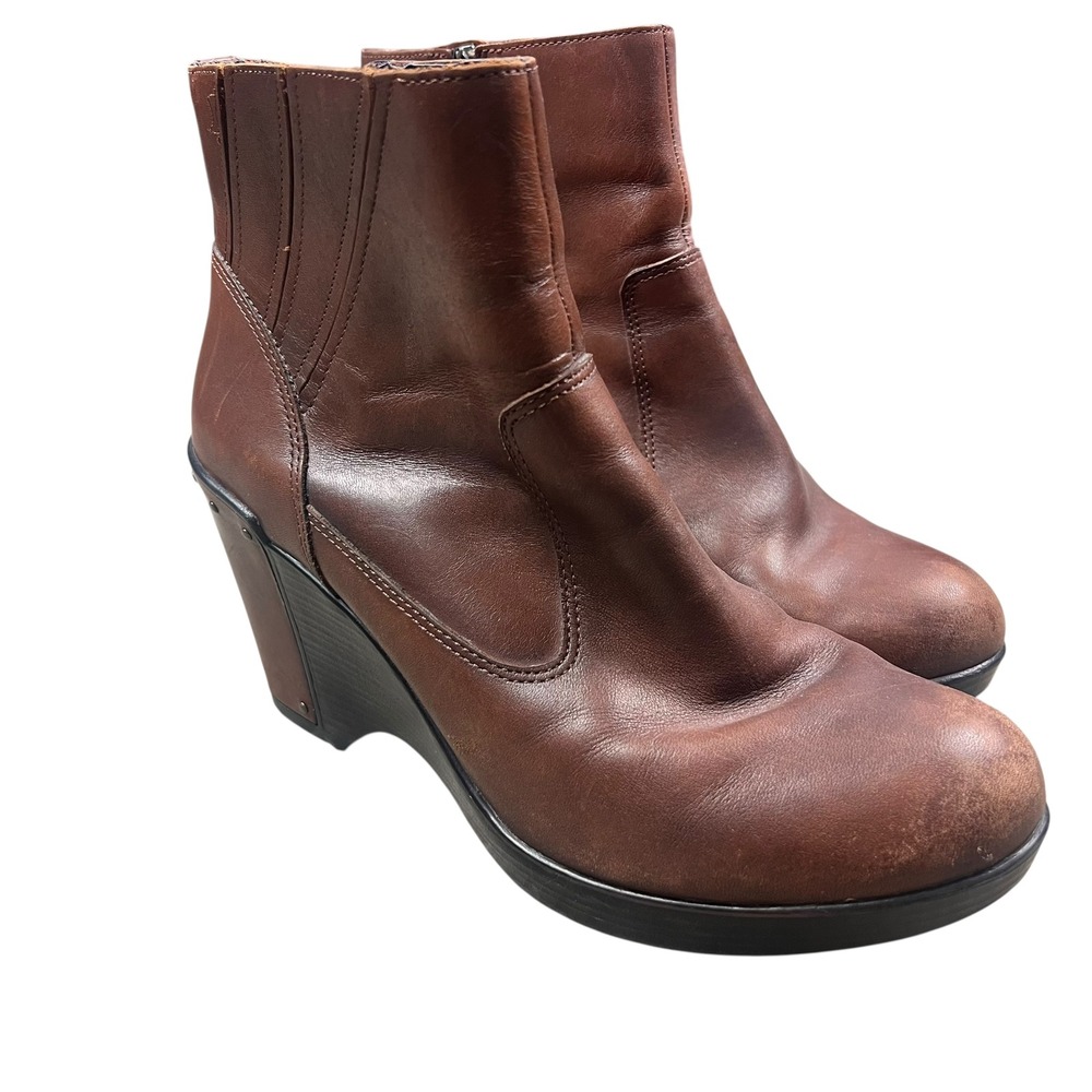 Dansko Brown Leather Wedge Ankle Boots Side Zip Platform Studded Womens 41
